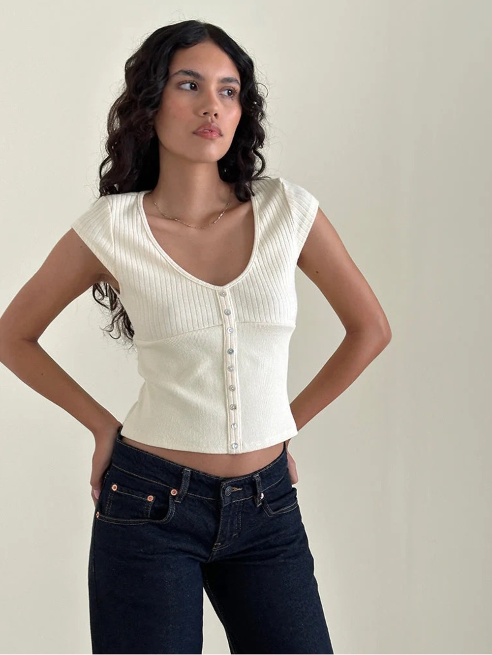 Motel Rocks Cream Ribbed V-Neck Button-Front Top